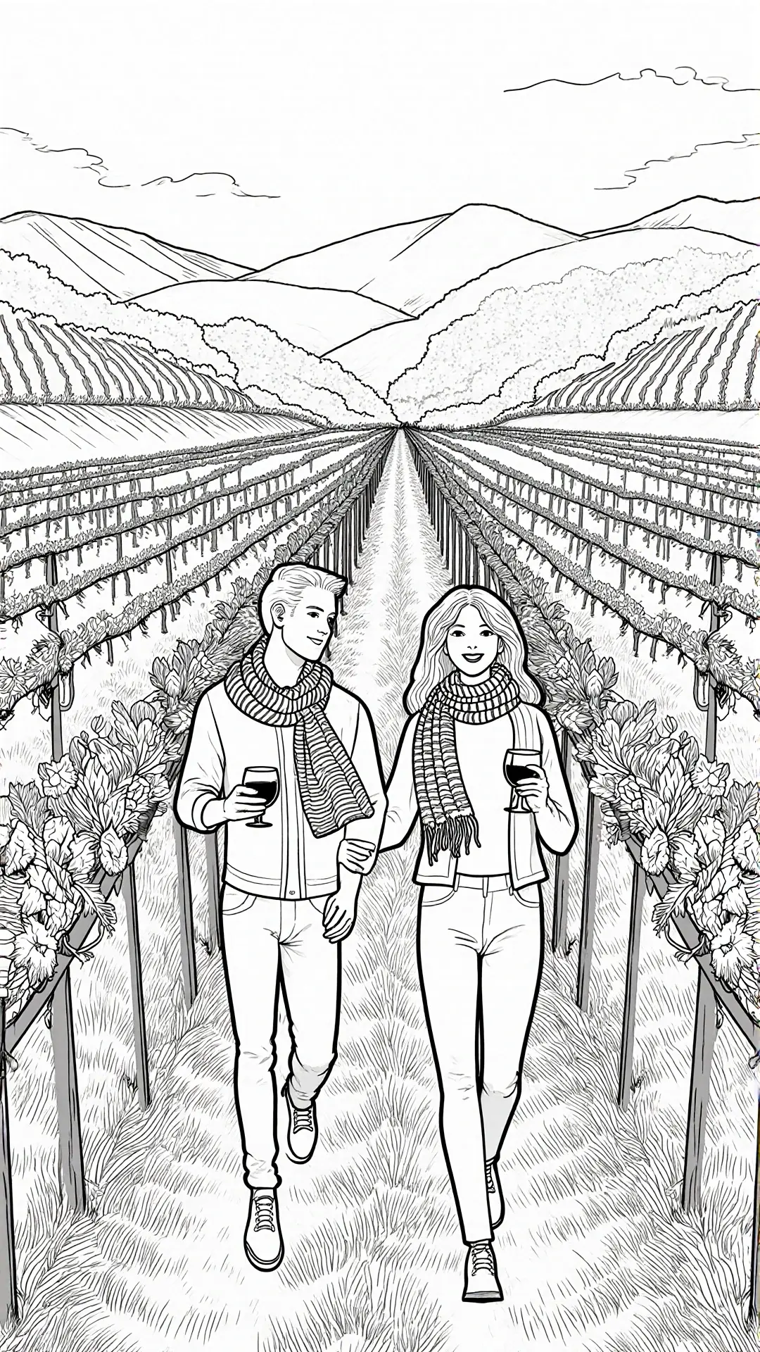 Black-and-white vineyard line art of a couple walking hand-in-hand between vine rows holding wine glasses; ideal detailed coloring page, kids' coloring page, printable coloring page and coloring