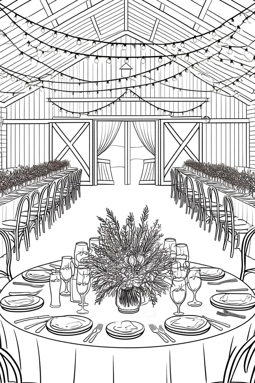 Line art of a rustic barn interior set for a wedding with long tables, round centerpiece table, and string lights a detailed coloring page design suitable for kids' coloring page and a printable