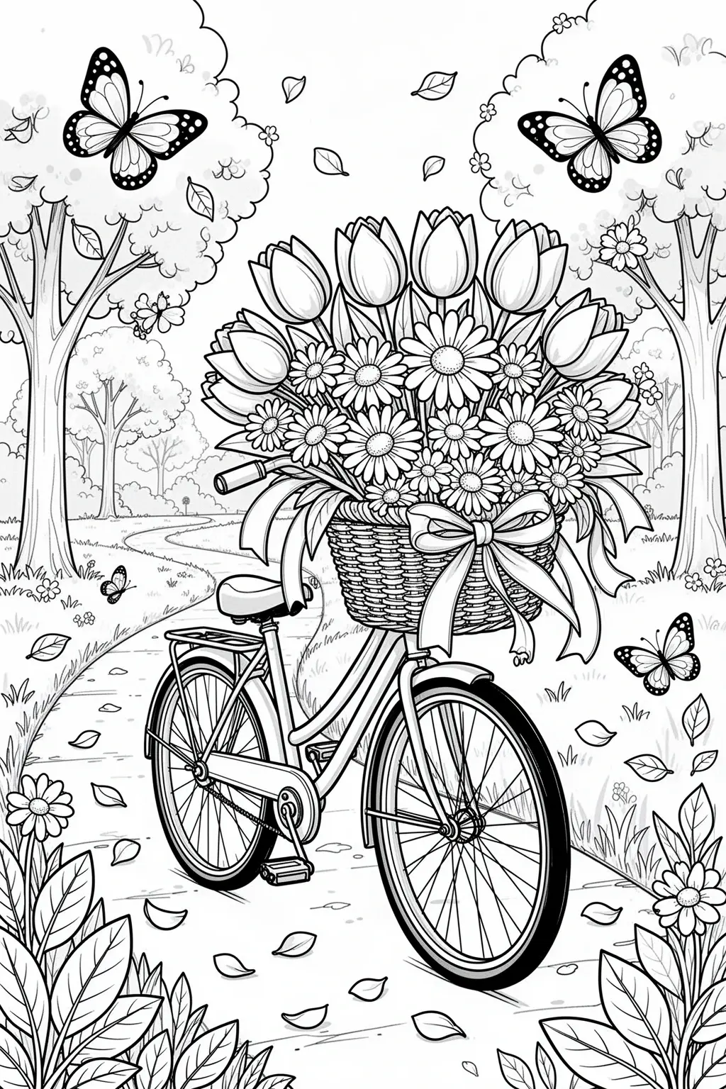 Detailed coloring page of a vintage bicycle with a basket full of tulips, daisies, and spring details.