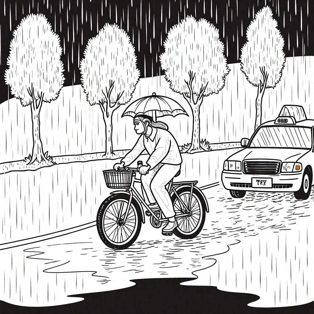 Black-and-white rainy street scene coloring sheet showing a person riding a bicycle with an umbrella past trees and a taxi. This detailed coloring page works well in a printable coloring page and with