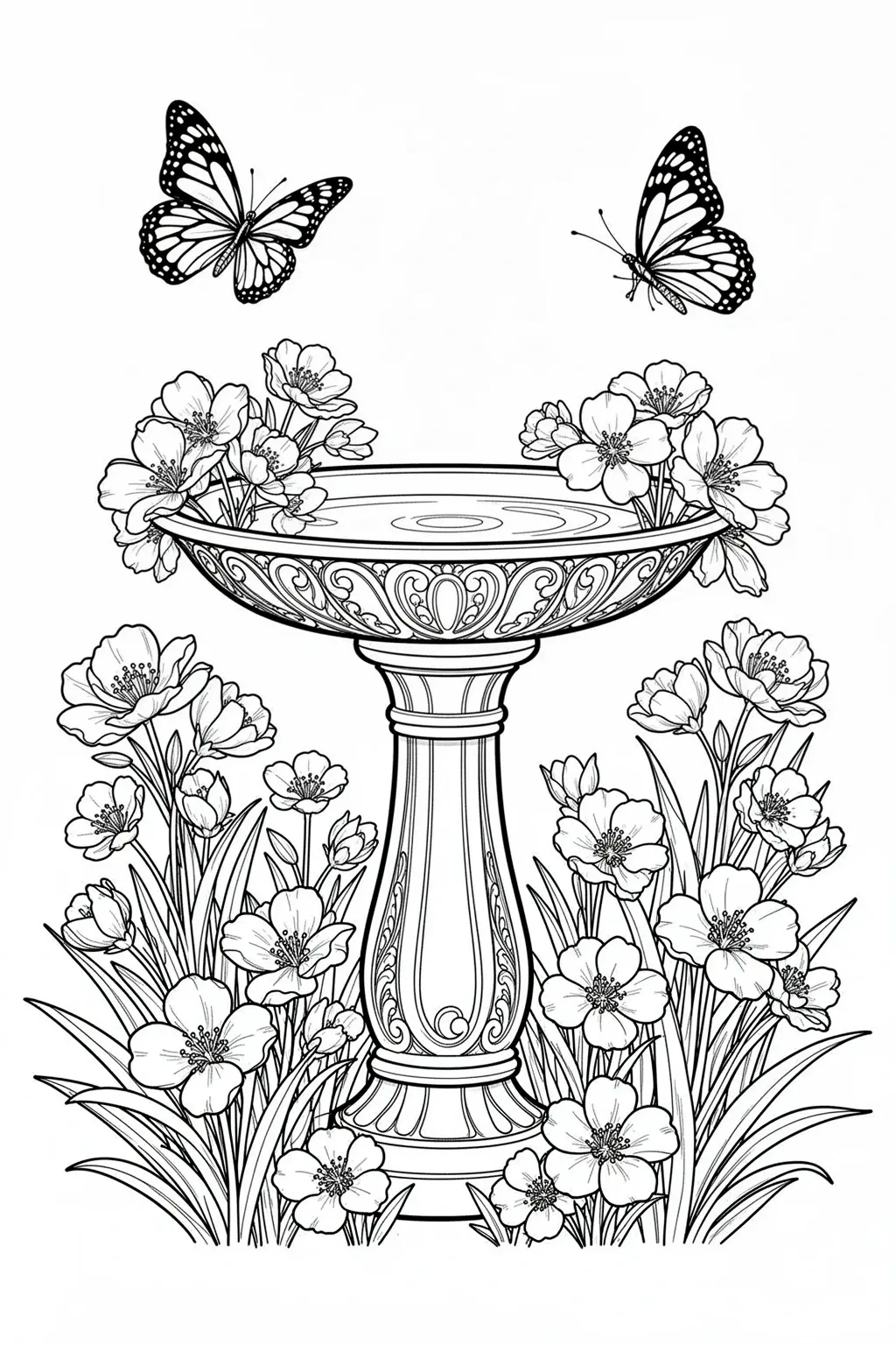 Black-and-white coloring page of garden birdbath coloring page.