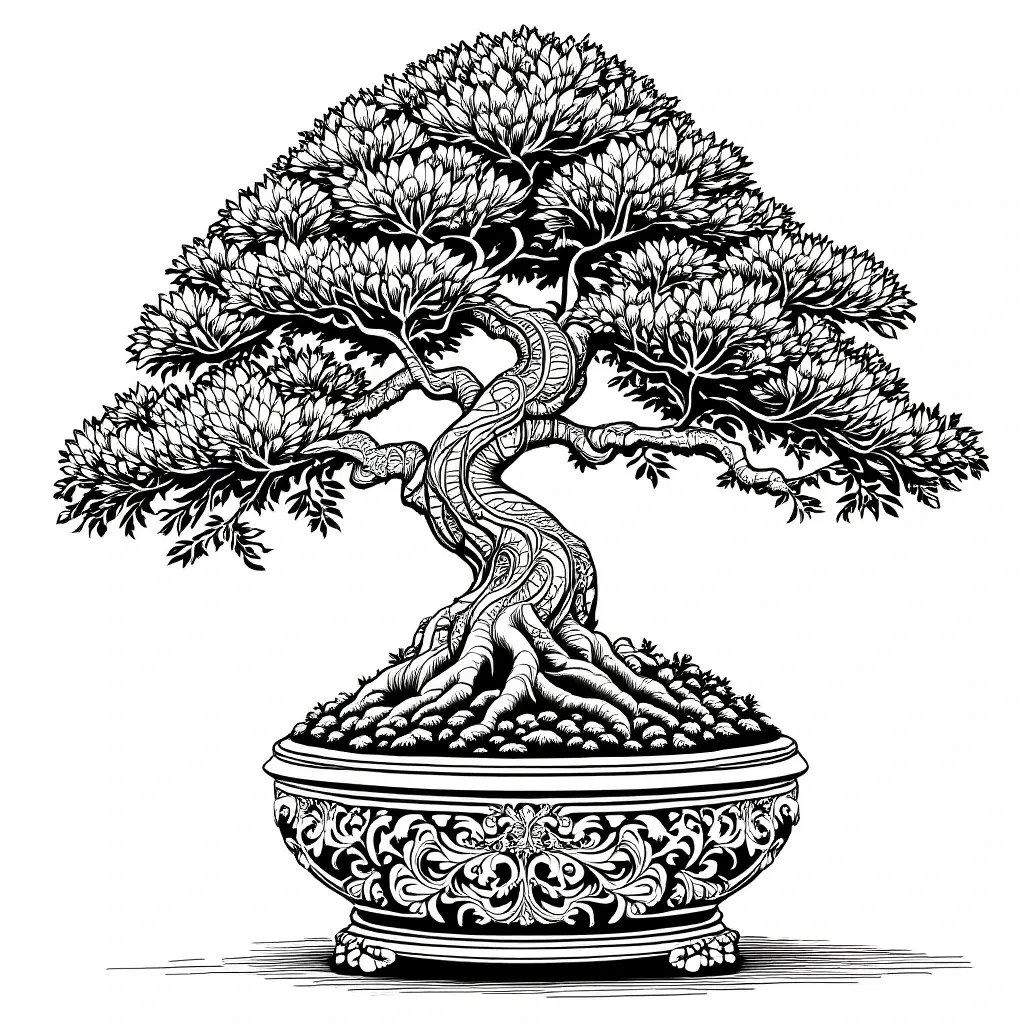 Black-and-white intricate bonsai tree line art for coloring: detailed coloring page style, suitable for kids' coloring page, printable coloring page entries and coloring sheets.
