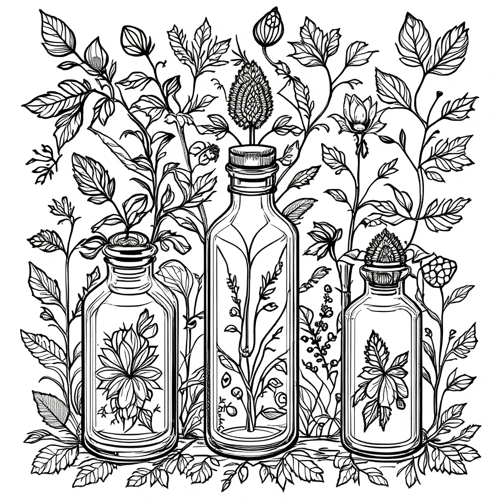 Black-and-white botanical bottles coloring page featuring detailed coloring page floral designs, kids' coloring page, printable coloring page style coloring sheets with intricate leaves and