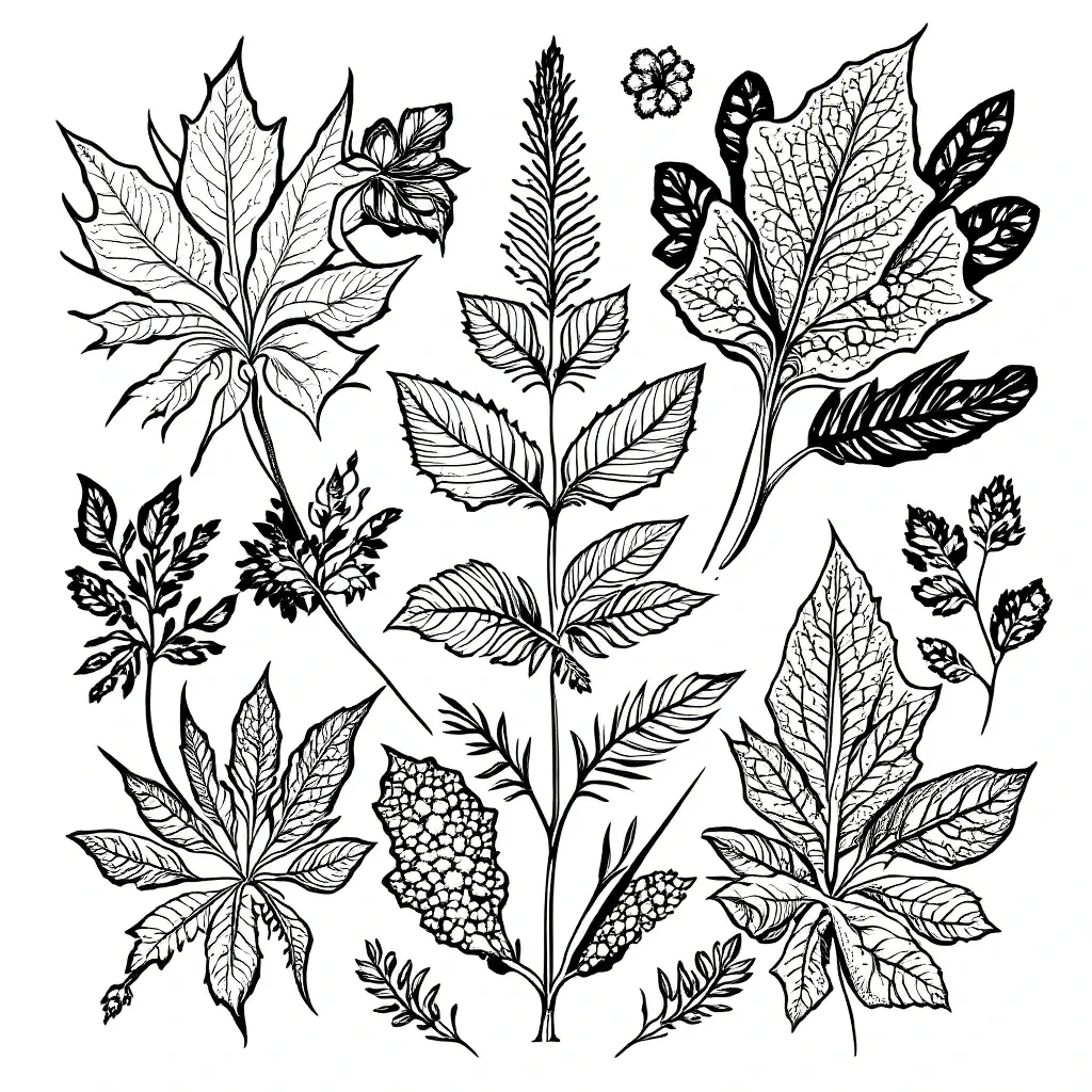Black and white botanical leaf illustrations for detailed coloring page, kids' coloring page and printable coloring page; floral and leaf coloring sheets with intricate veins and patterns for spring