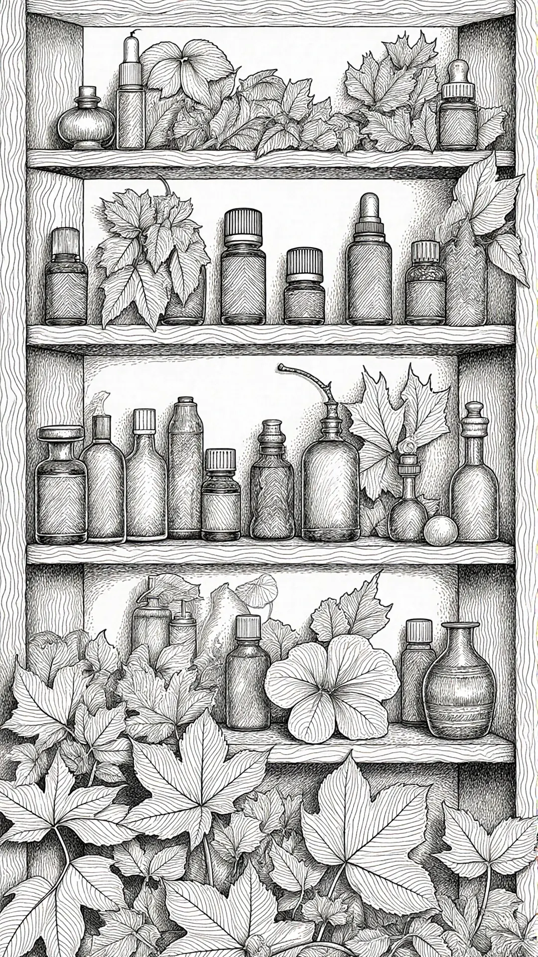 Monochrome line-art of a wooden shelf filled with bottles, vases and abundant leaves and flowers an intricate scene ideal for detailed coloring page, kids' coloring page, printable coloring page and