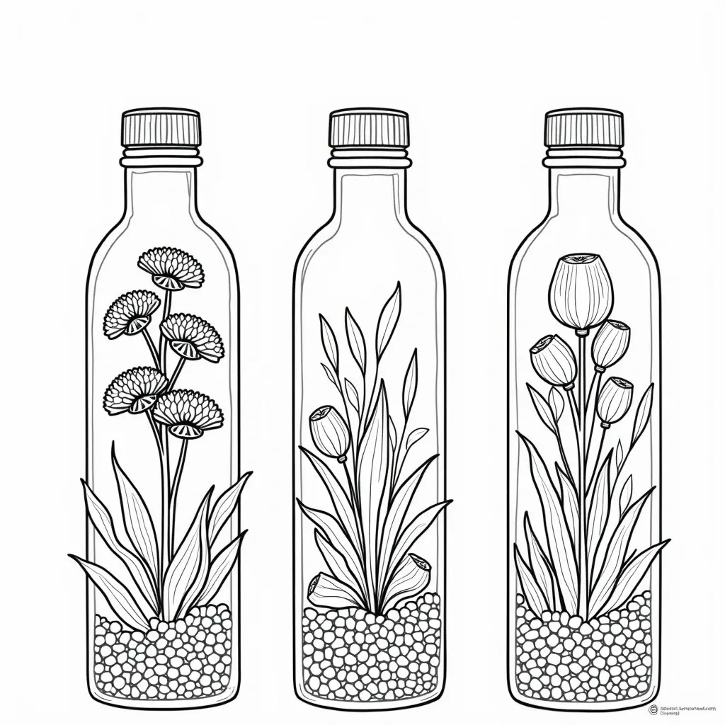 Three bottle-shaped botanical coloring sheets with pebbles and flowering plants detailed coloring page, kids' coloring page, printable coloring page and coloring sheets for spring and floral themes.