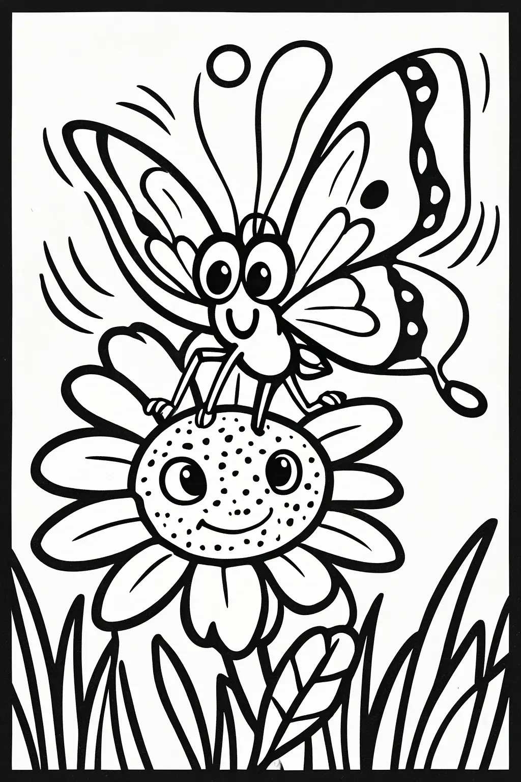 Cute butterfly resting on a smiling flower in a black-and-white line art design, perfect for detailed coloring page, kids' coloring page, a printable coloring page, and coloring sheets. Great for