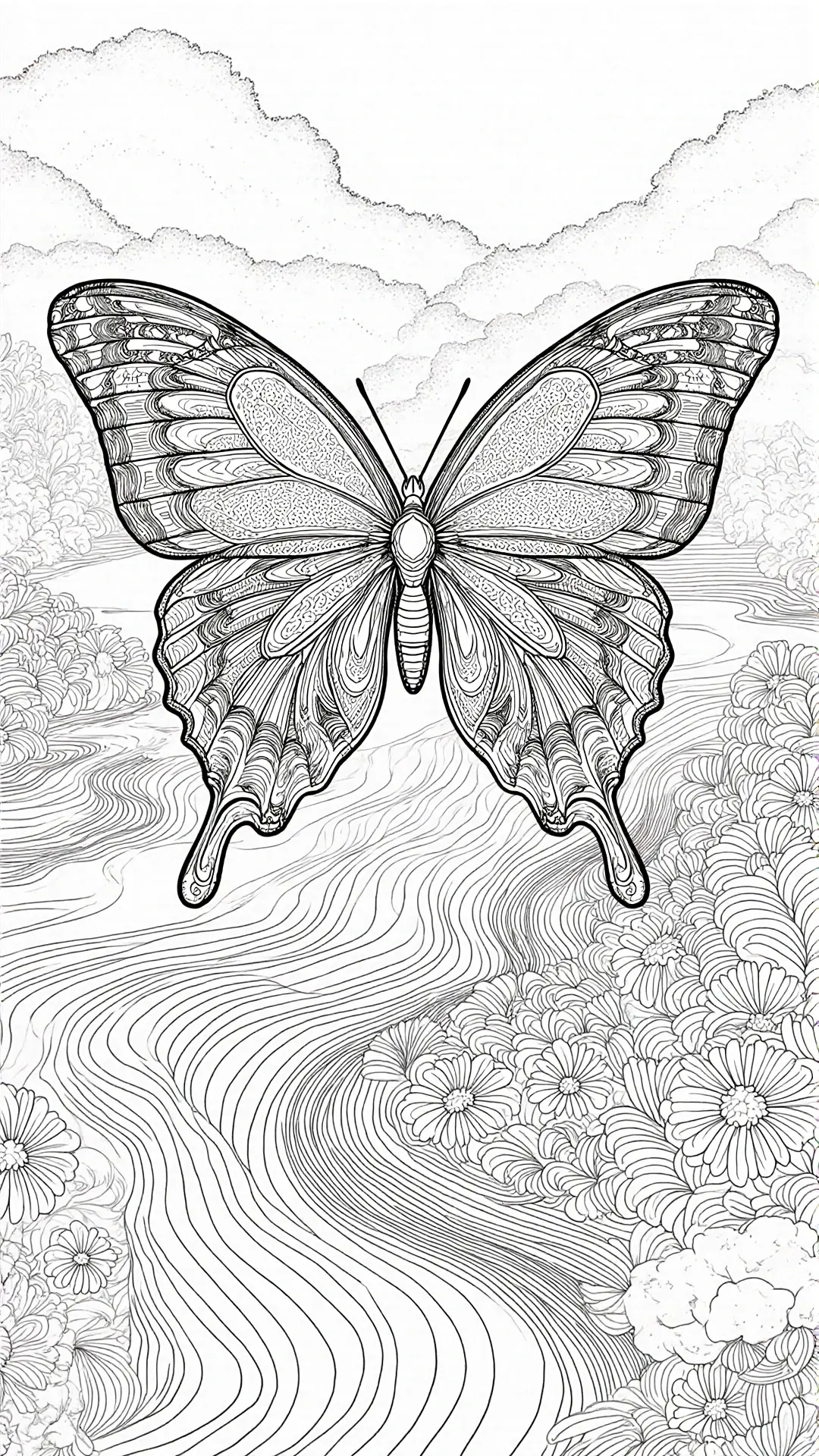 Intricate butterfly coloring page over a floral riverside scene detailed coloring page, kids' coloring page, printable coloring page and coloring sheets for spring and summer mandala-style designs.