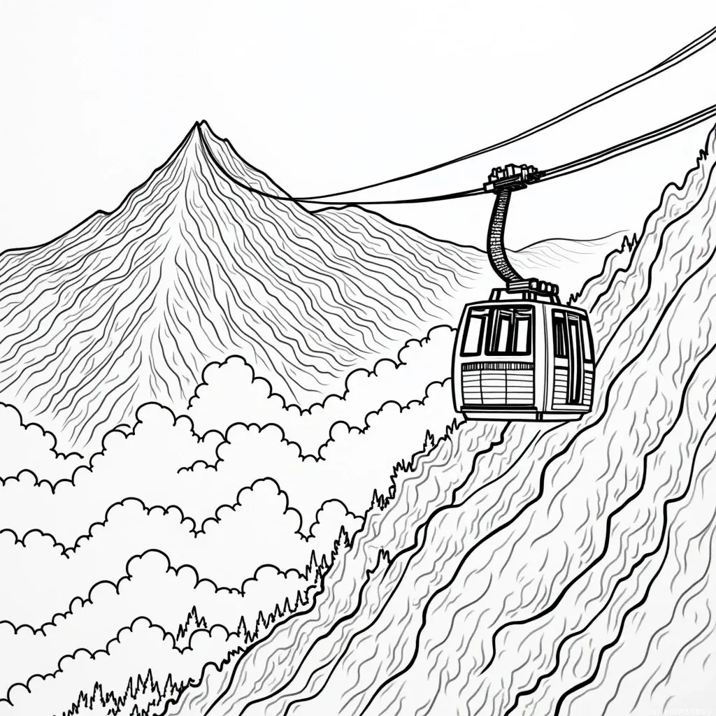 Black-and-white mountain cable car line art detailed coloring page, kids' coloring page, printable coloring page, coloring sheets for mountain and travel themes.