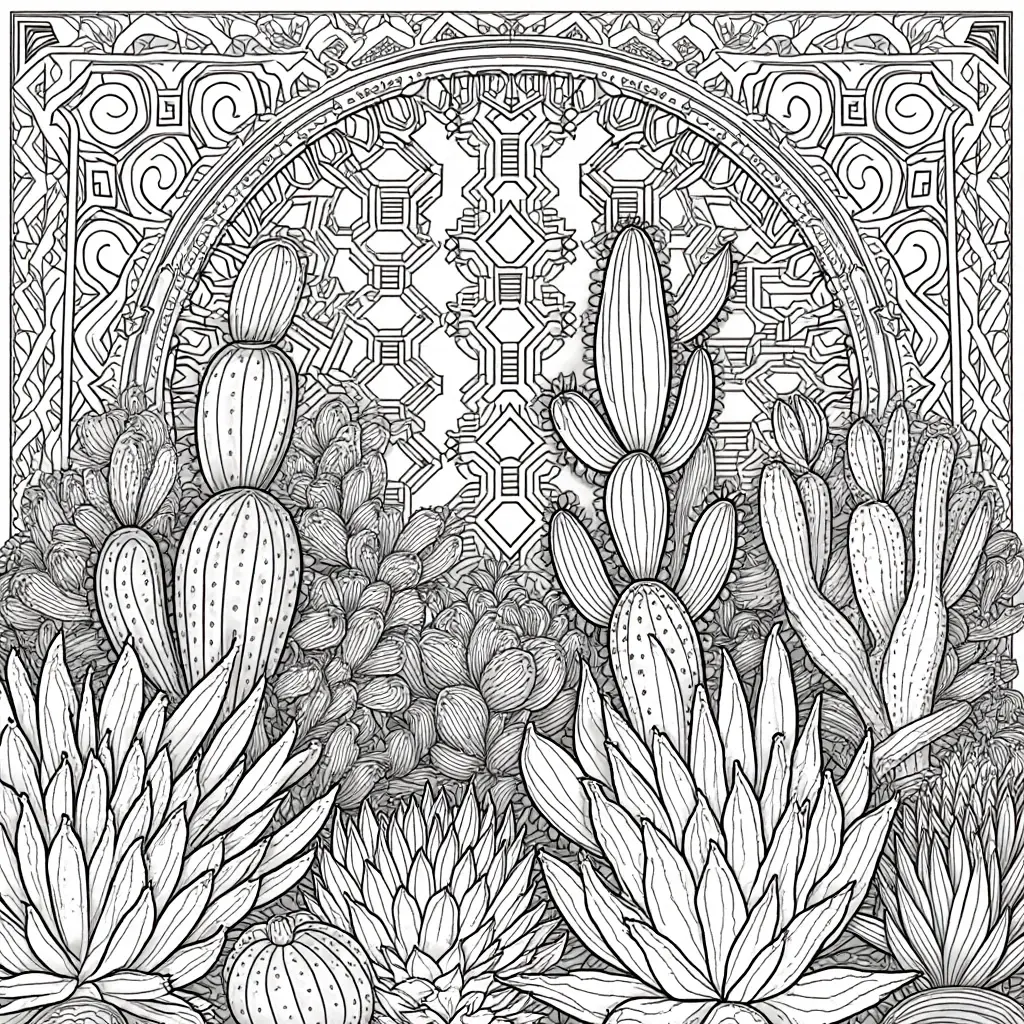 Intricate black-and-white cactus and succulent garden with a geometric mandala background; ideal for detailed coloring page, kids' coloring page, a printable coloring page, and standalone coloring