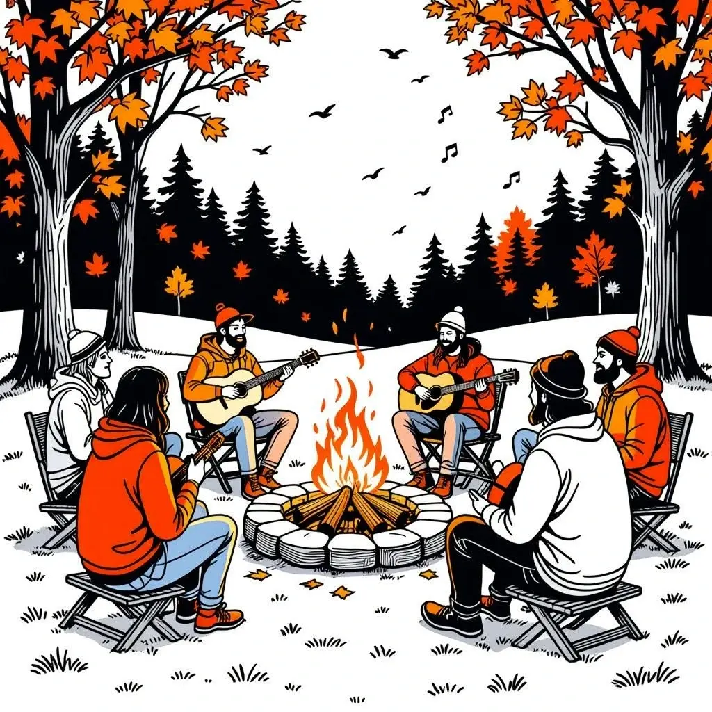 Illustrated fall campfire scene with people sitting in a circle playing guitars around a fire beneath orange maple trees. Printable coloring sheets and detailed coloring page suitable for kids'