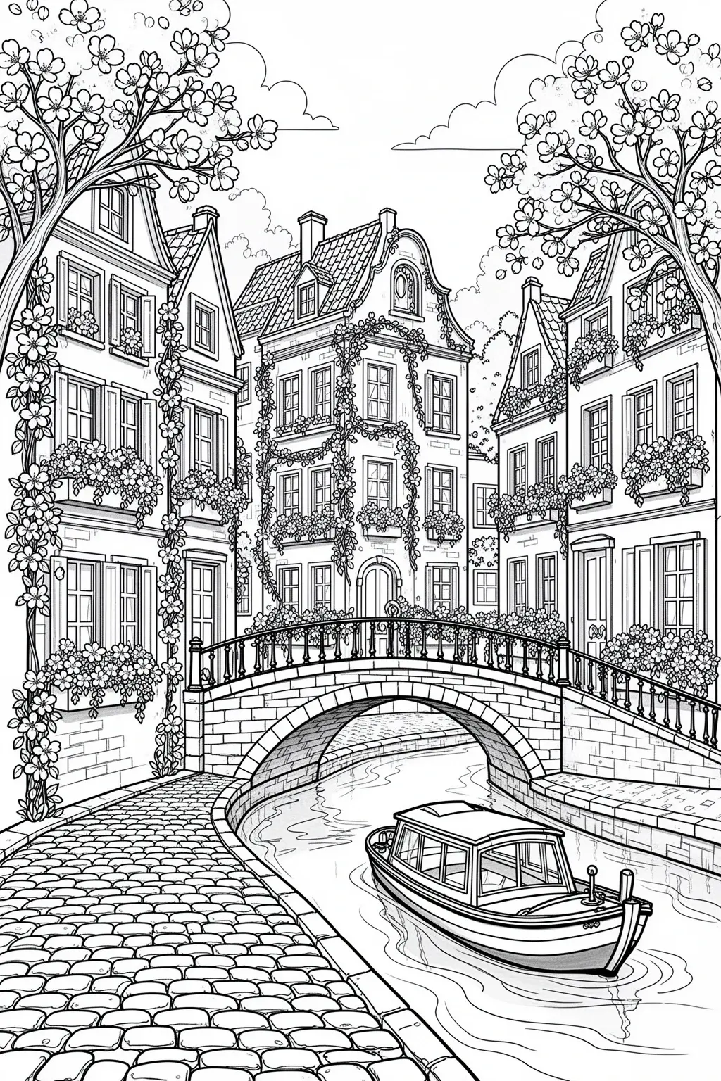 Detailed coloring page of a spring canal town with flower boxes, bridge, canal boat, and blossom trees.