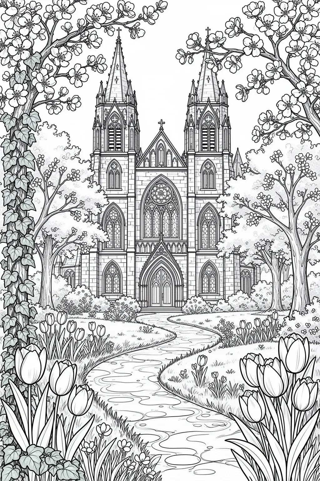 Detailed coloring page of a cathedral with flowering trees, winding garden path, ivy, and spring flowers.