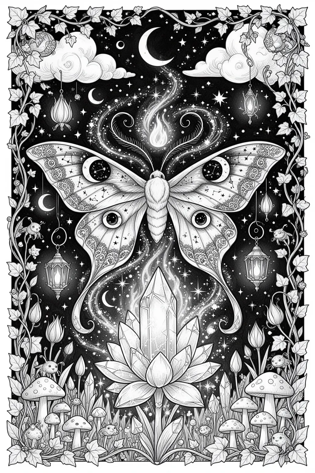 Celestial Moth & Magic Flame Printable coloring page.