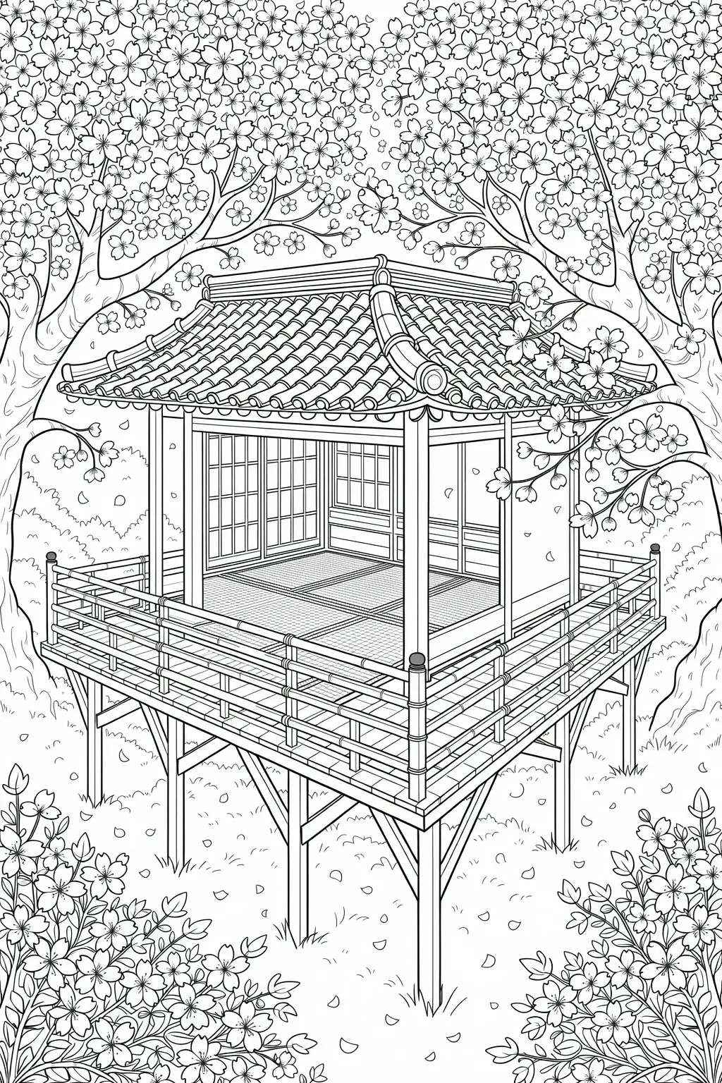 Black-and-white line art of a Japanese pavilion on a raised deck surrounded by cherry blossom trees and scattered petals detailed coloring page for kids' coloring page and adult fans; printable