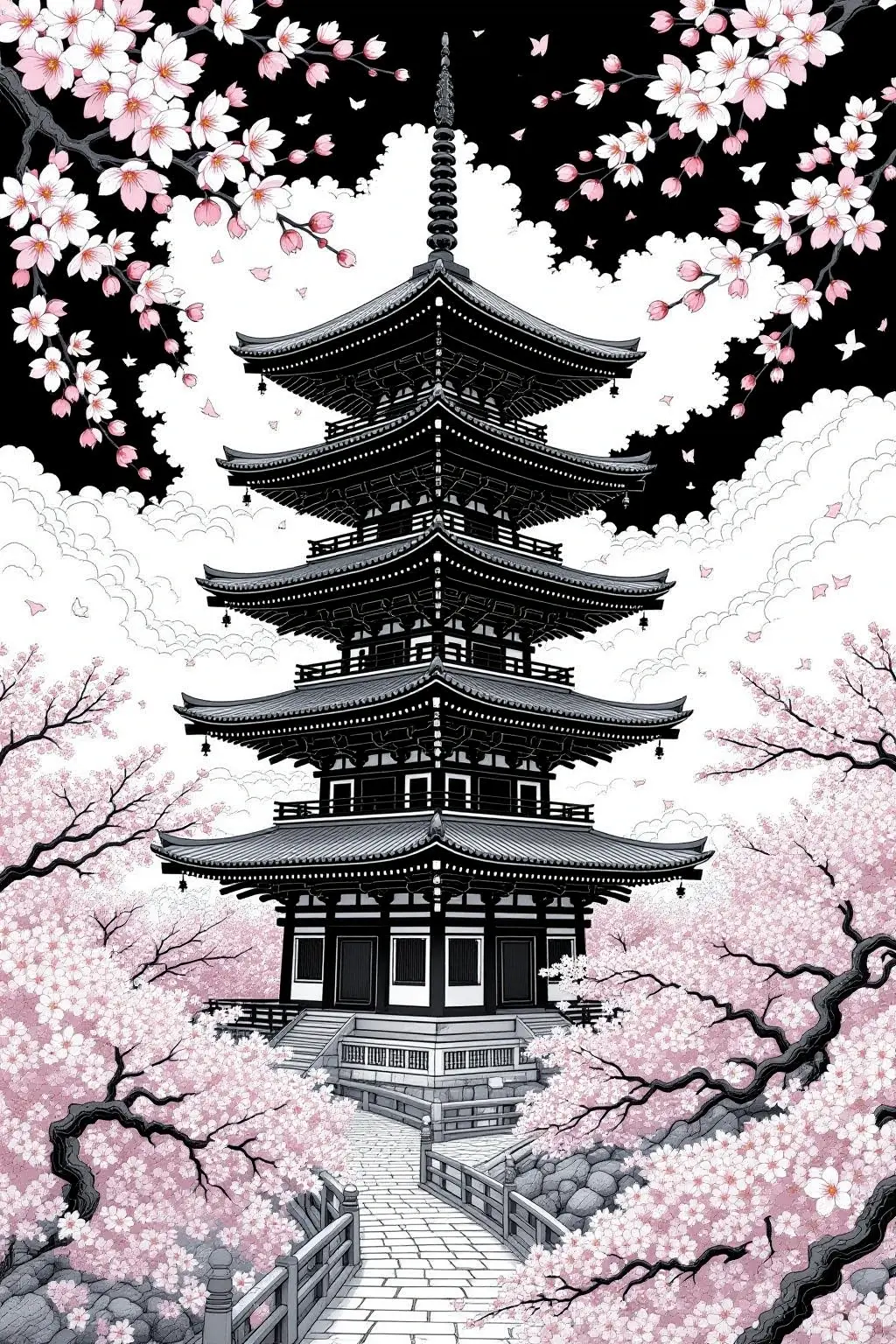 Black-and-white pagoda surrounded by pink cherry blossoms for detailed coloring page and kids' coloring page a printable coloring page style scene with printable coloring sheets for spring and mandala