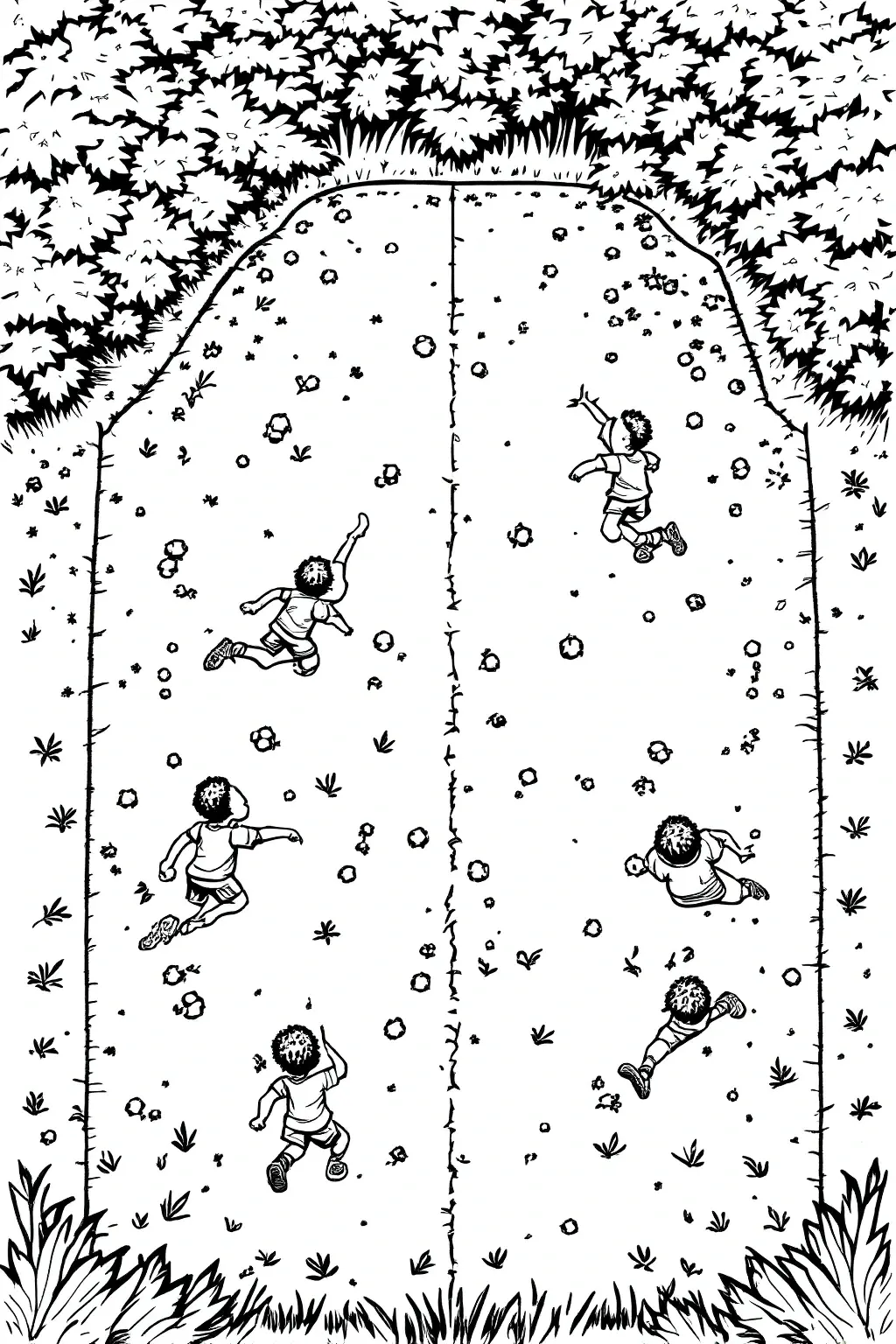 Top-down black-and-white scene of children running through a grassy meadow with scattered flowers detailed coloring page, kids' coloring page, printable coloring page and coloring sheets for spring