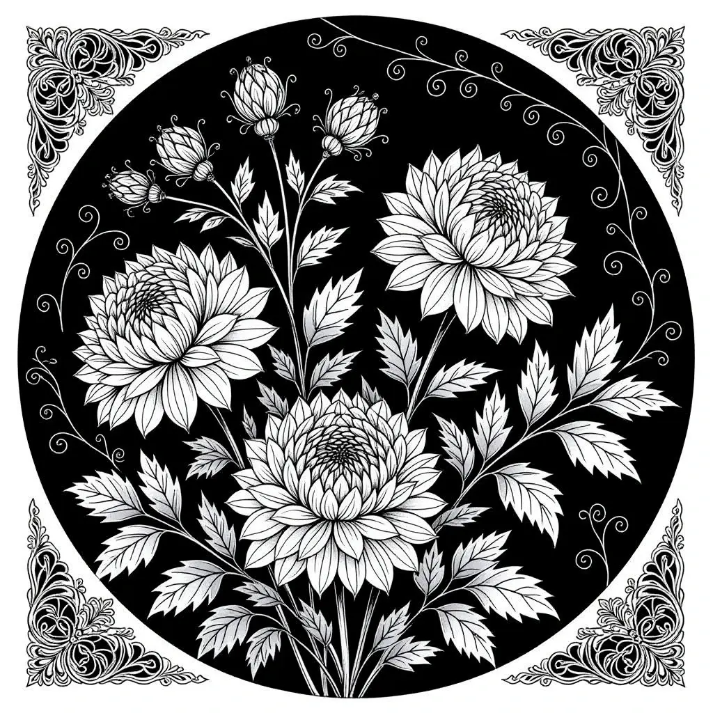 Black-and-white chrysanthemum mandala line art detailed coloring page and coloring sheets for a printable coloring page. Perfect kids' coloring page and adult relax page with floral mandala design for