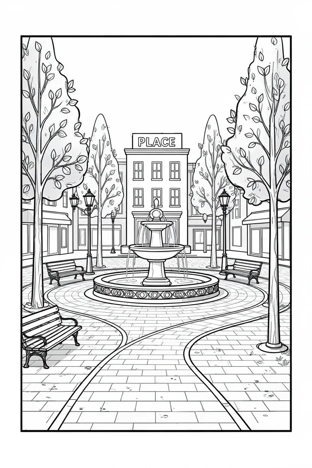 Place coloring page | Simple Plaza Landmark for Kids.