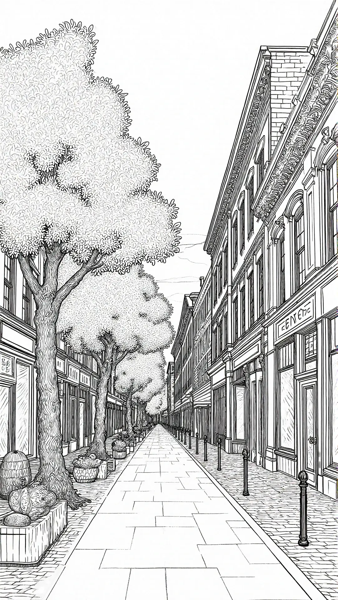 Black-and-white city street coloring page for detailed coloring page, kids' coloring page, printable coloring page, and coloring sheets long avenue with trees and shopfronts ready to color.