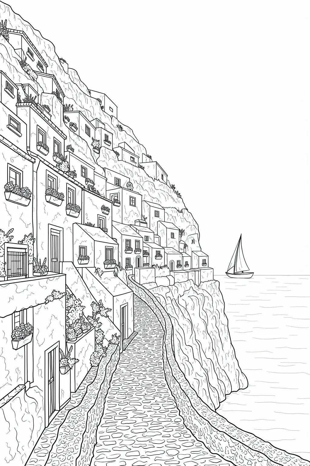 Black-and-white cliffside village coloring page with row of houses, stone path, rocky cliff and a sailboat on the sea detailed coloring page, kids' coloring page, printable coloring page and coloring