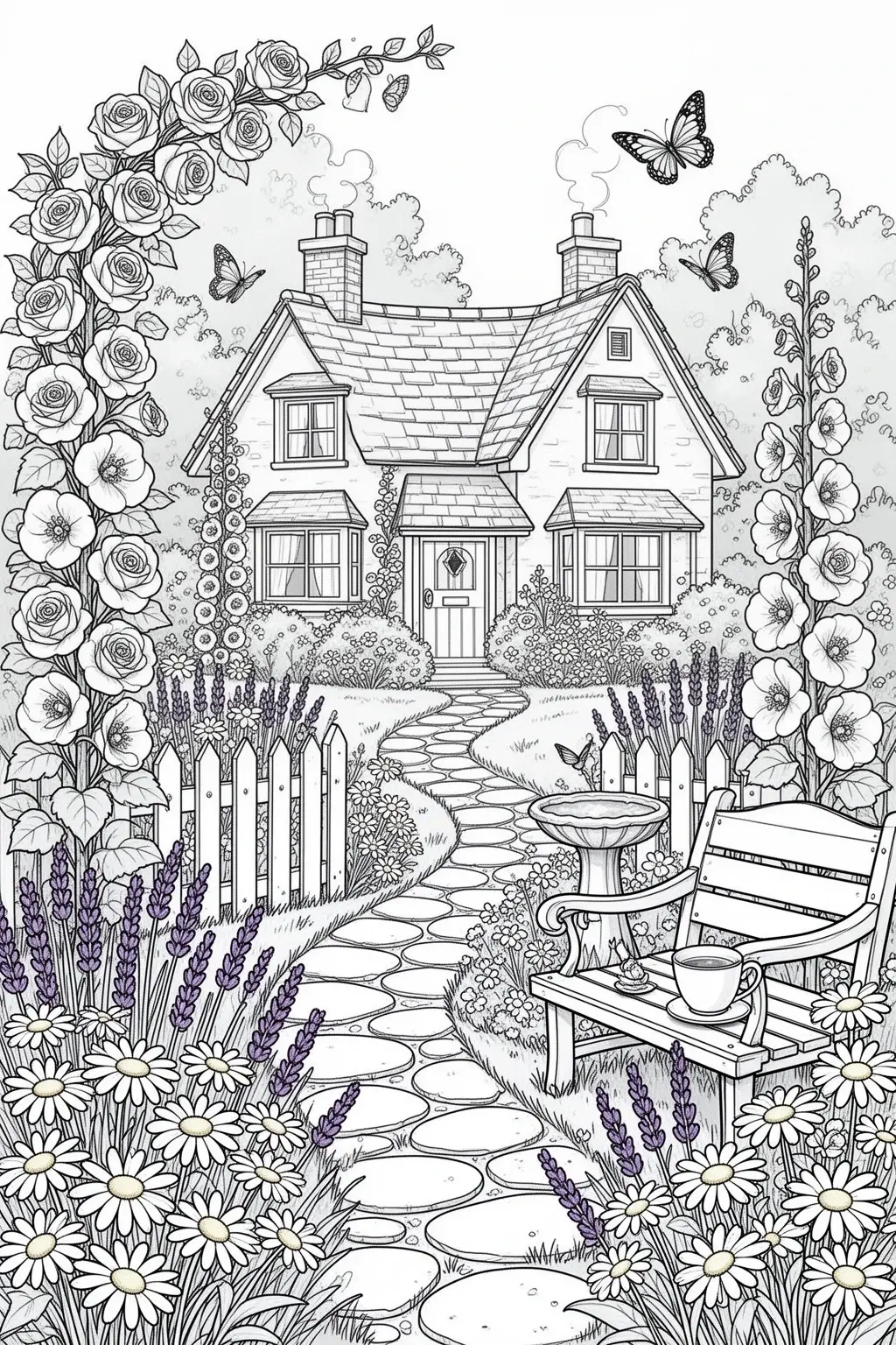 Cottage Garden coloring page for Relaxing Floral Fun.
