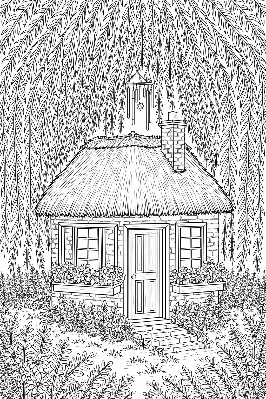 Black-and-white detailed cottage scene coloring page with thatch roof, flower boxes, willow branches, and garden great detailed coloring page, kids' coloring page, printable coloring page, and