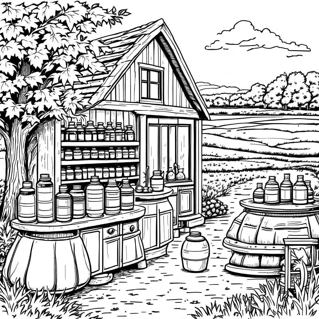 Rustic country market coloring page with shelves of jars, barrels, and a small wooden stall in a field detailed coloring page ideal for kids' coloring page, printable coloring page and coloring