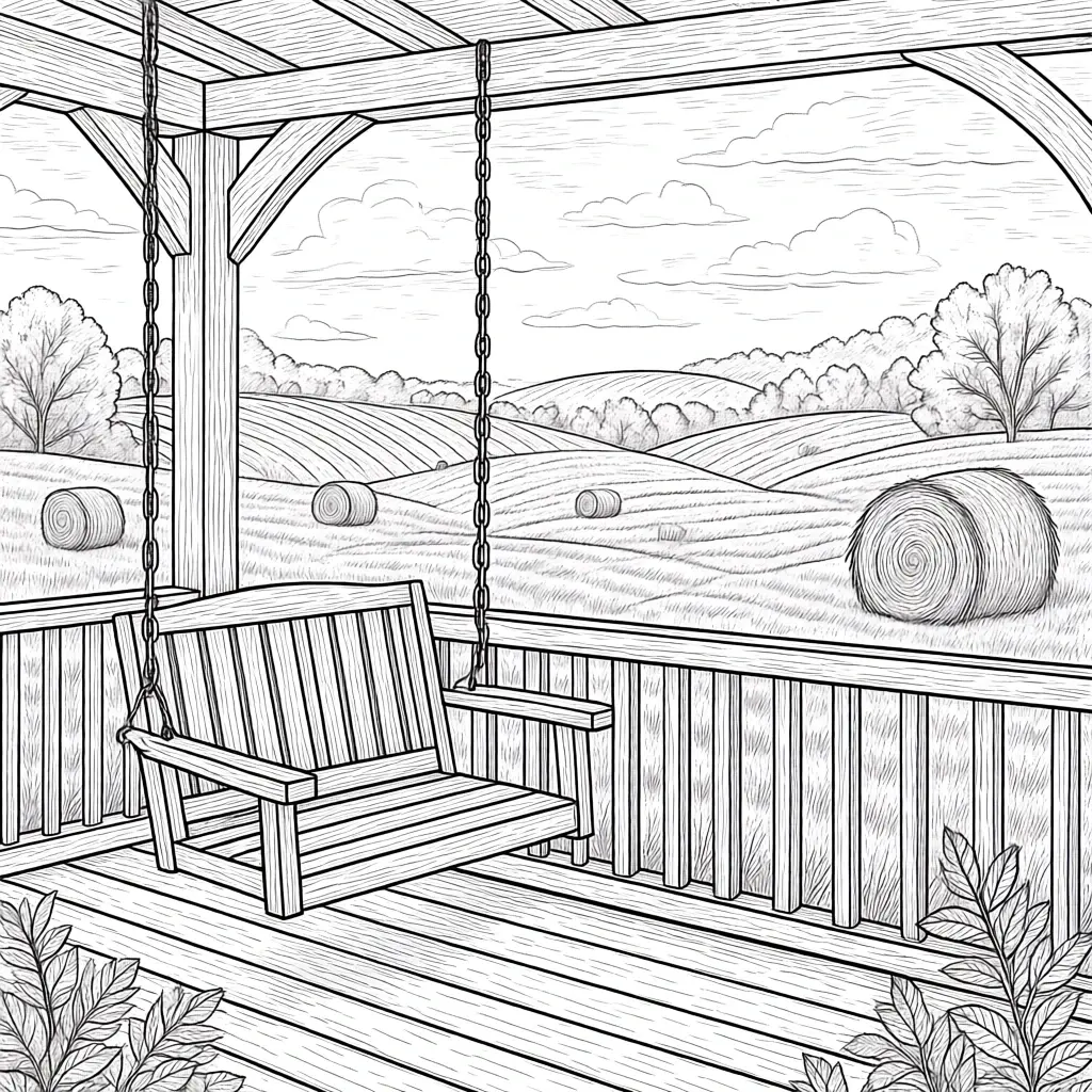 Line-art country porch swing overlooking rolling fields with round hay bales detailed coloring page, kids' coloring page, printable coloring page and coloring sheets for fall and summer scenes.