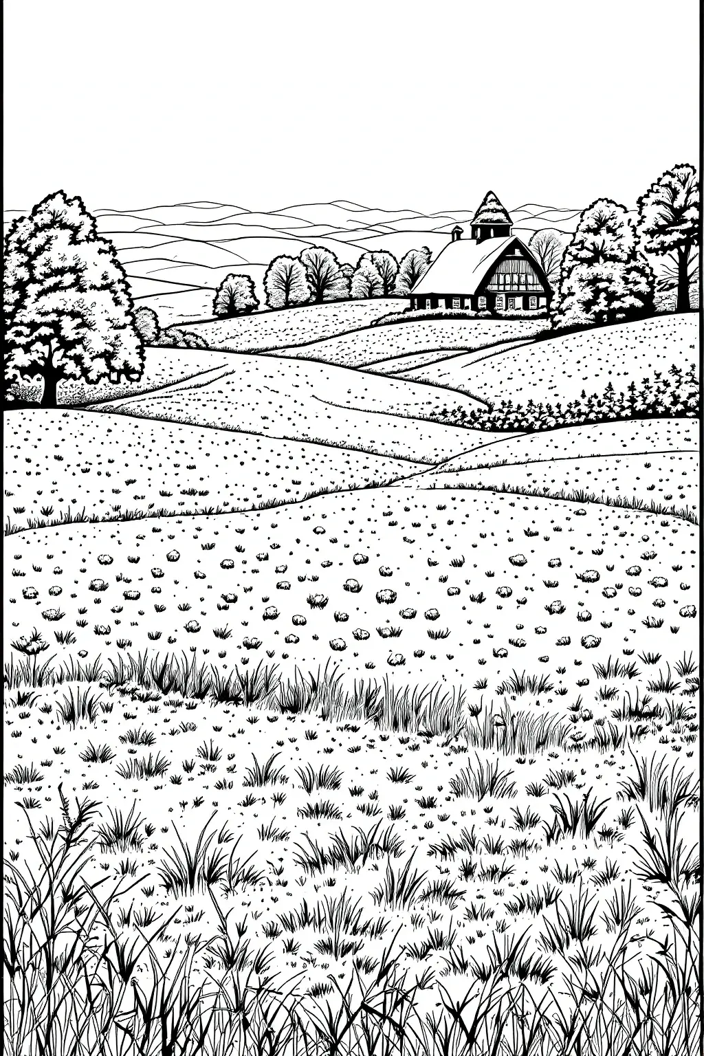 Black-and-white countryside landscape coloring sheet with barn, trees, rolling hills and grasses ideal detailed coloring page, kids' coloring page, printable coloring page and coloring sheets.