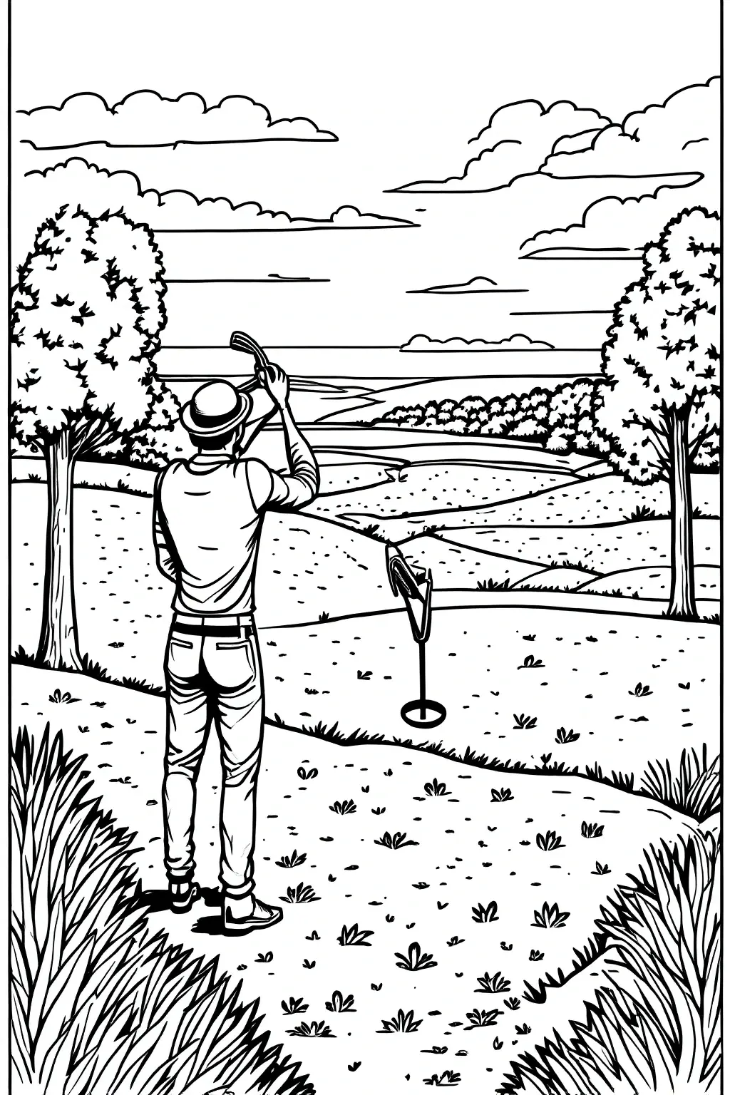Black and white line art of a person with a metal detector in a hilly countryside scene detailed coloring page, kids' coloring page, printable coloring page and coloring sheets featuring people and
