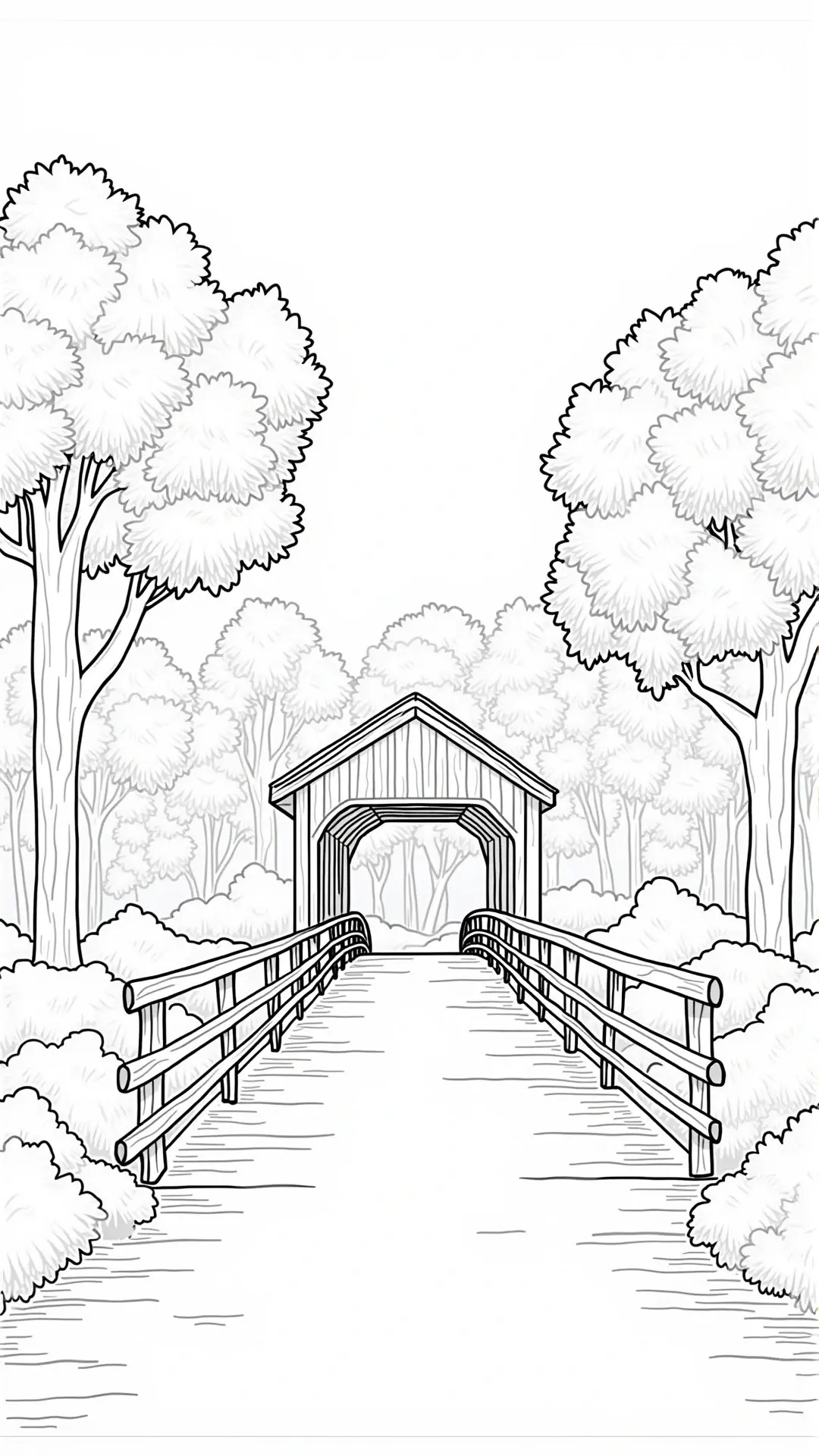 Black-and-white line art of a scenic covered bridge surrounded by trees ready for coloring detailed coloring page, kids' coloring page, printable coloring page, coloring sheets. Themes: spring
