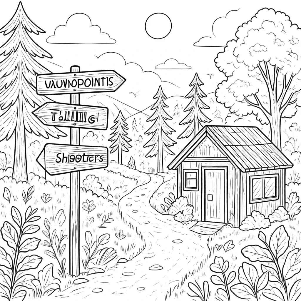 Black-and-white forest cabin scene coloring page for a printable coloring page featuring detailed coloring page, kids' coloring page and coloring sheets.