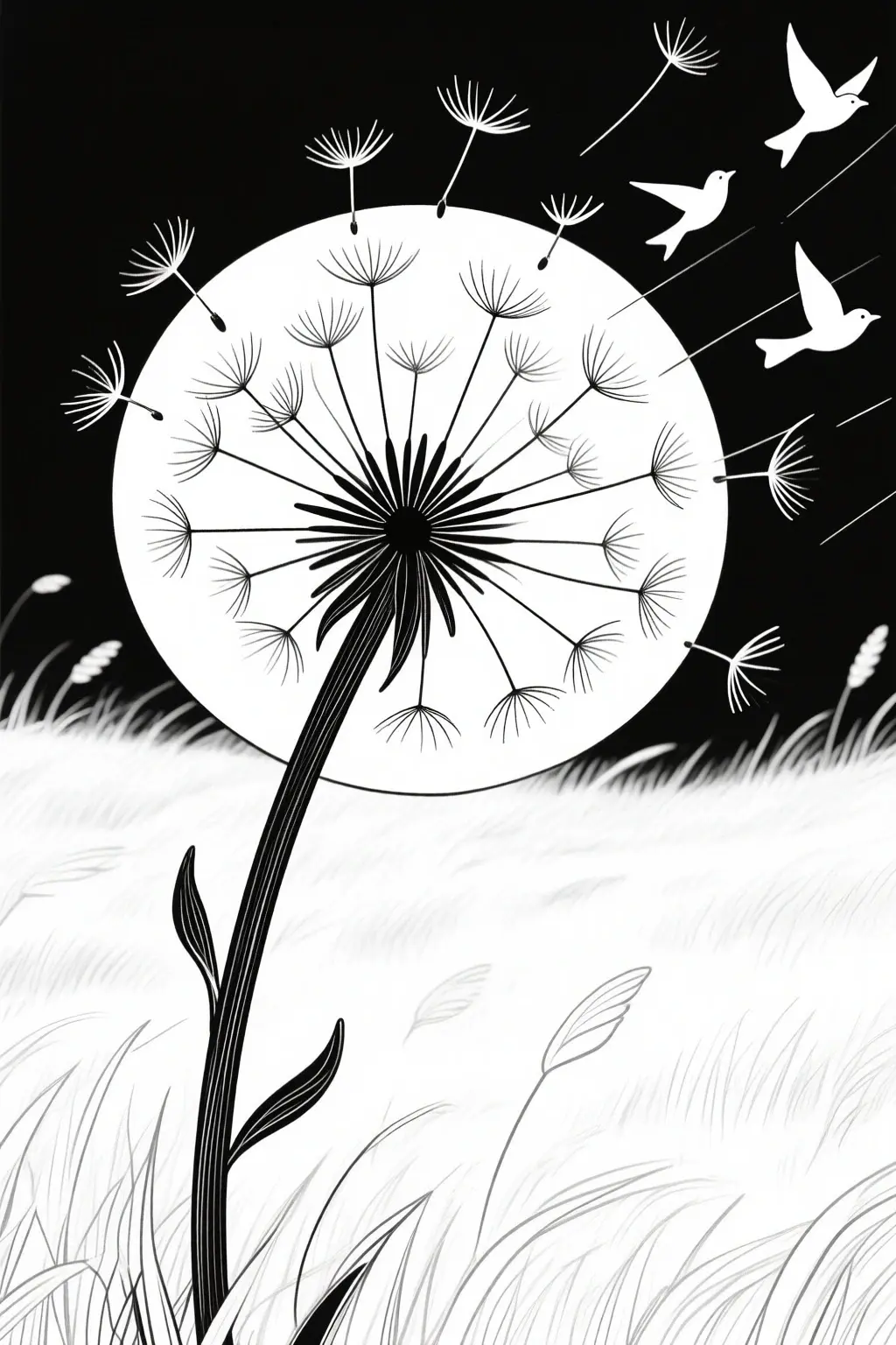 Black-and-white dandelion and birds line art for printable coloring page detailed coloring page, kids' coloring page, printable coloring page, coloring sheets for spring and nature.