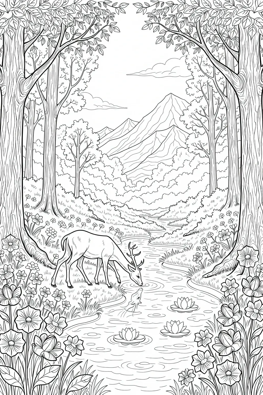 Black-and-white nature coloring page of a deer drinking at a stream framed by trees, flowers, and mountains detailed coloring page, kids' coloring page, printable coloring page, coloring sheets.