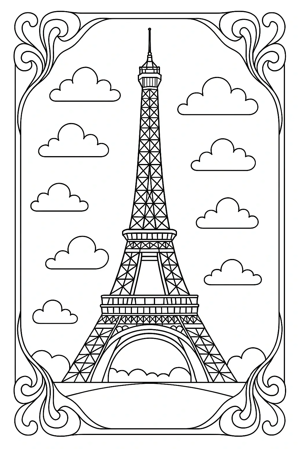 Eiffel Tower line art coloring page detailed coloring page, kids' coloring page, printable coloring page, coloring sheets, travel-themed printable.