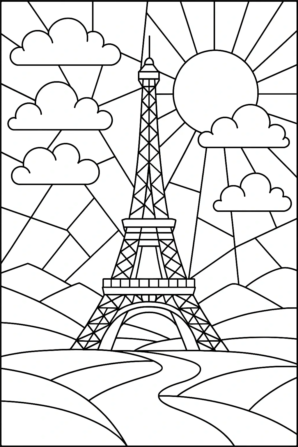 Black-and-white Eiffel Tower line art detailed coloring page, kids' coloring page, printable coloring page and coloring sheets ready to print for spring or summer scenes.