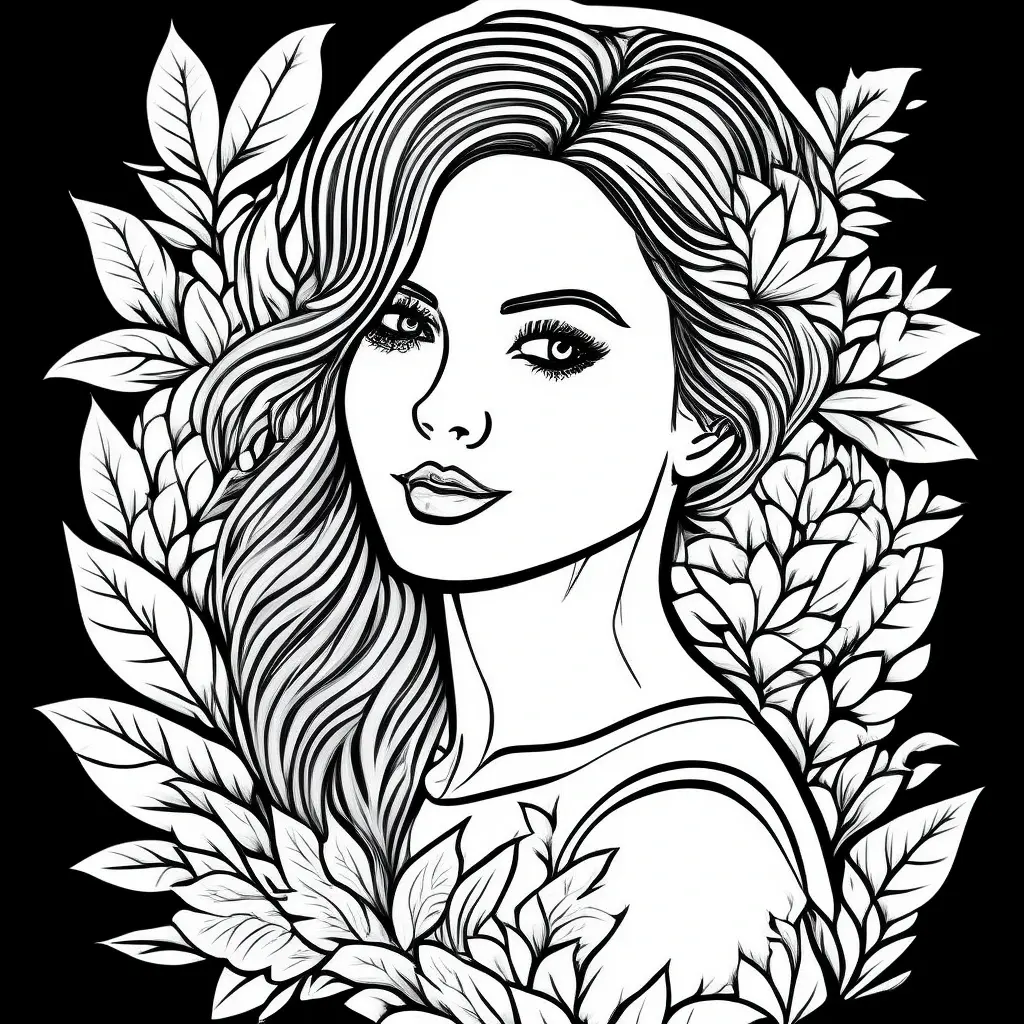 Black-and-white portrait of a woman with flowing hair framed by leaves; detailed coloring page, kids' coloring page, printable coloring page, coloring sheets with floral and people theme, suitable for