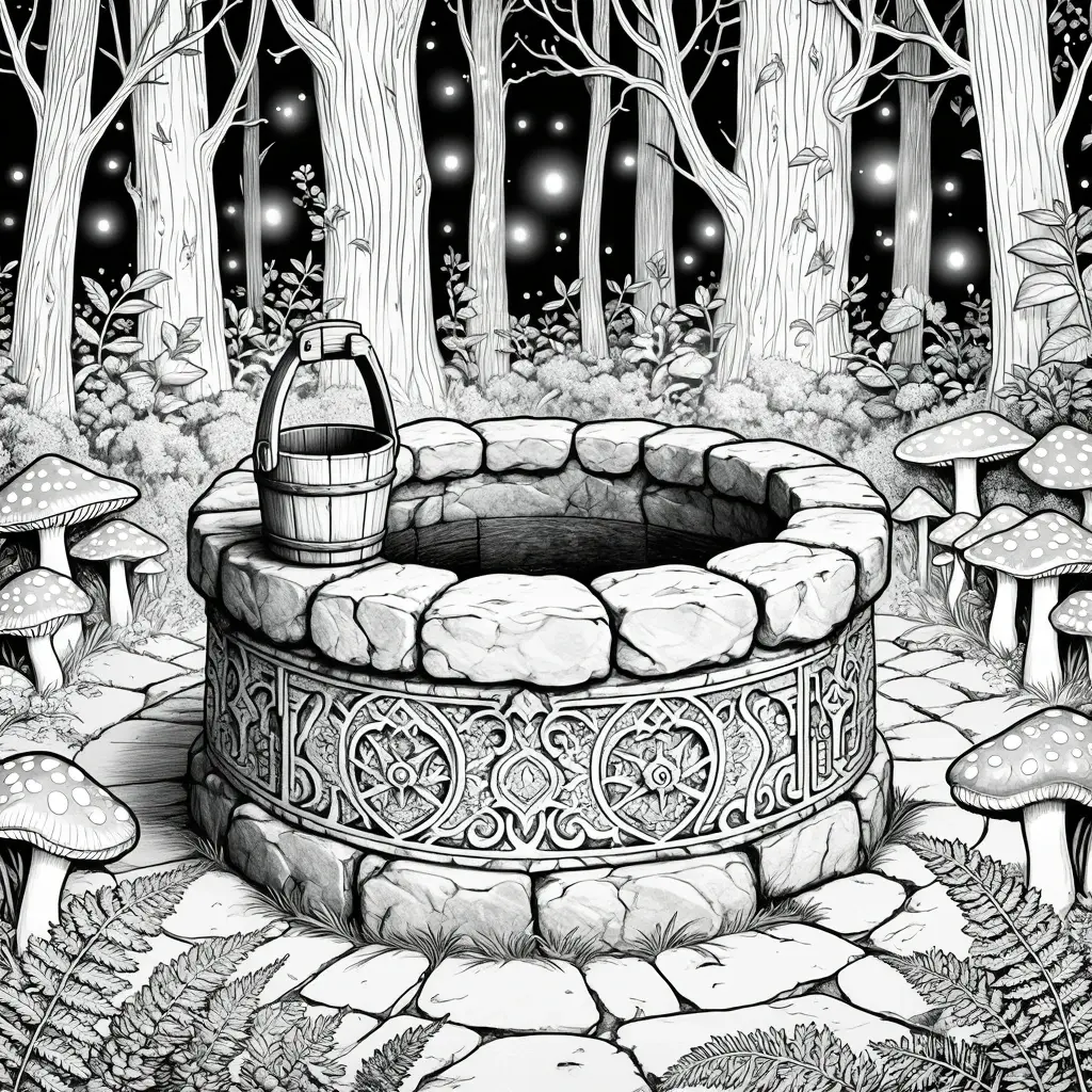 Black and white enchanted forest scene with a stone wishing well, mushrooms, tall trees, and detailed fantasy elements for detailed coloring page, kids' coloring page, printable coloring page, and