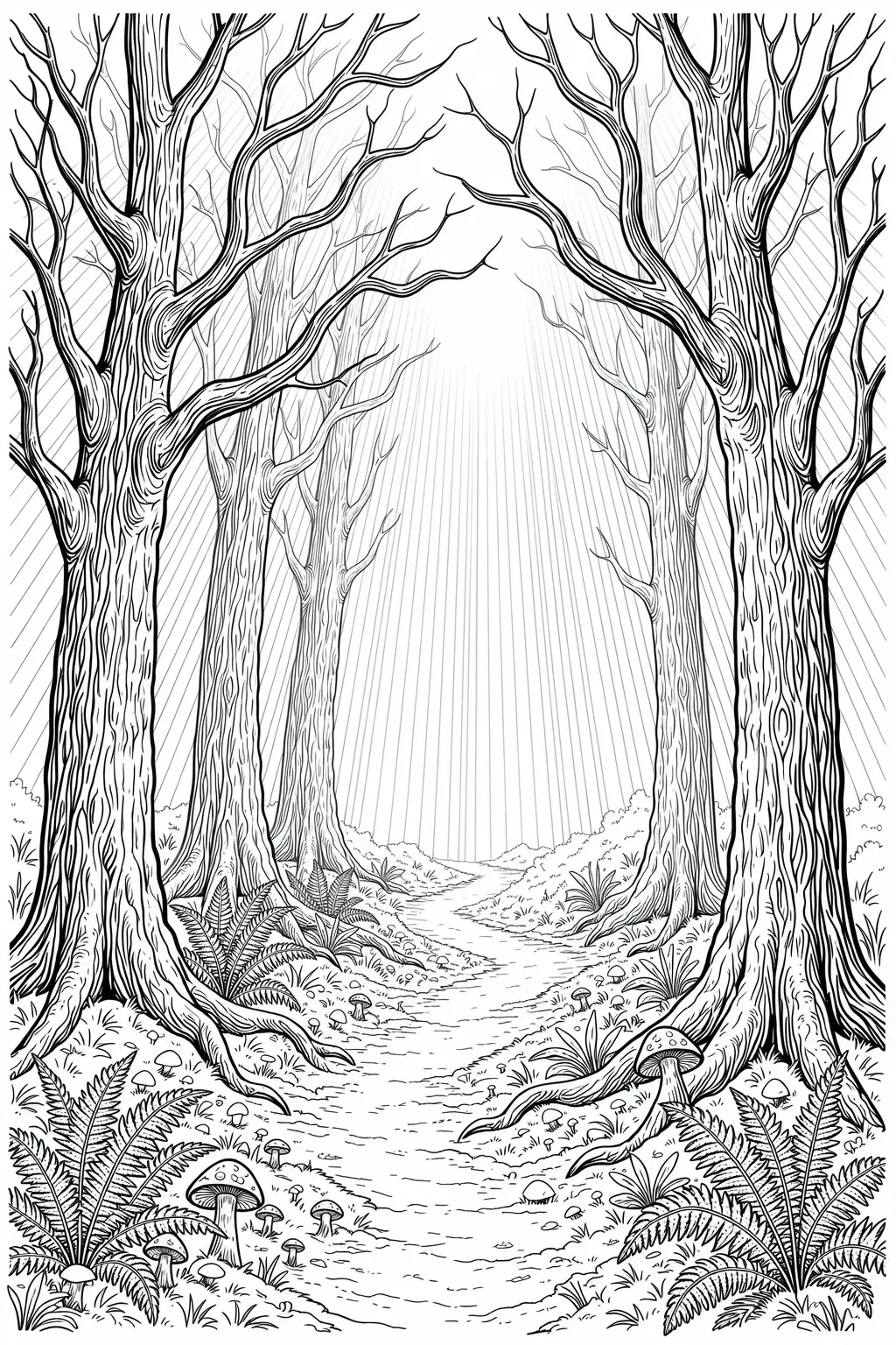 Black-and-white forest path coloring page with tall bare trees, ferns and mushrooms detailed coloring page, kids' coloring page, printable coloring page and coloring sheets ready to print.