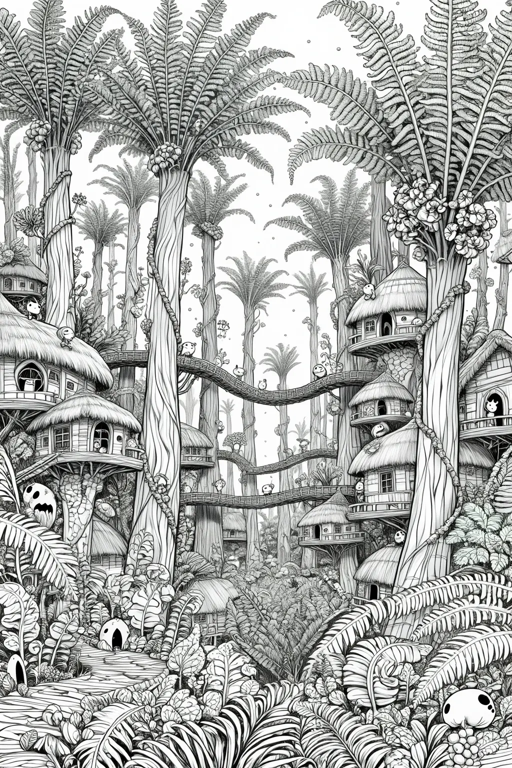 Intricate black-and-white detailed coloring page scene of an enchanted jungle village with tall tropical trees, treehouse-style homes, bridges, and lush foliage, designed as kids' coloring page