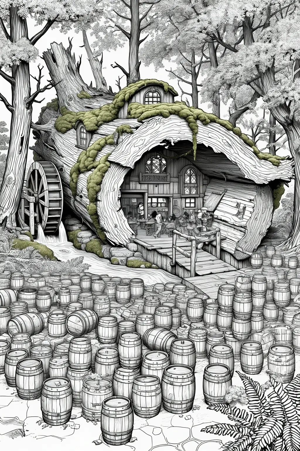 A detailed black and white treehouse village illustration with giant hollow trees, mossy rooftops, wooden barrels, and a fantasy forest scene for detailed coloring page, kids' coloring page, printable