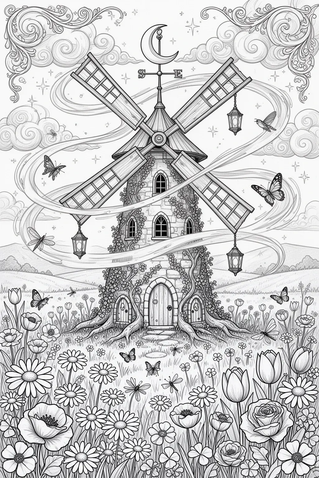 Enchanted Windmill Dreamscape coloring page.