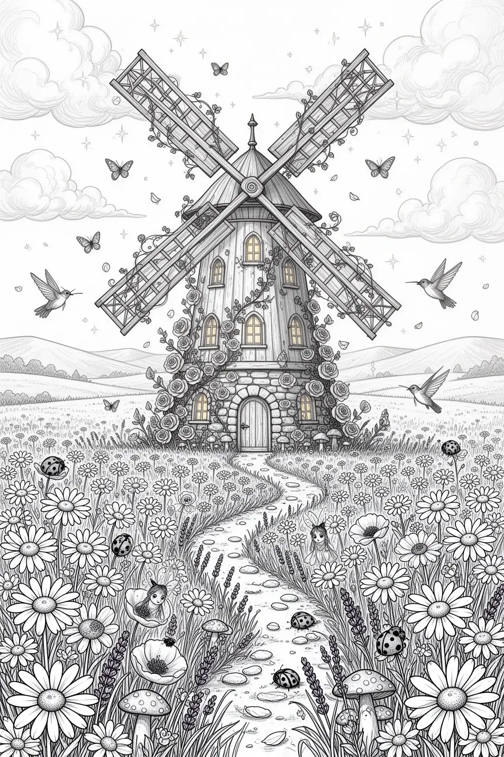 Can You Color This Magical Windmill Meadow? coloring page.
