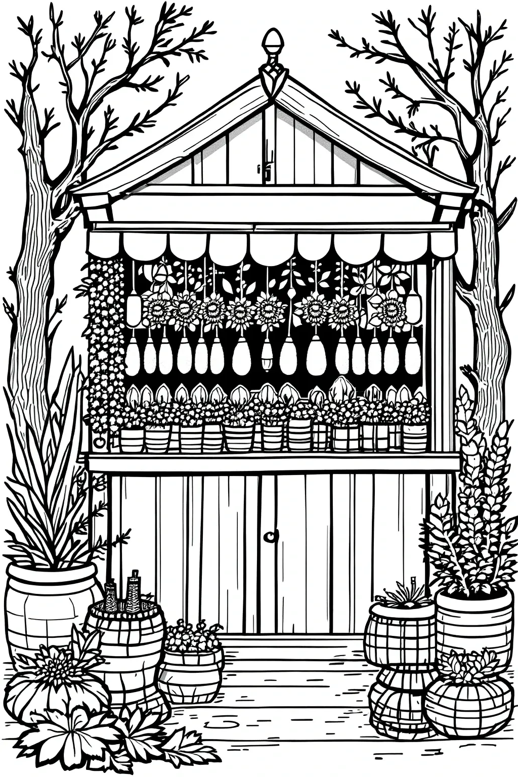Black-and-white detailed flower market stall coloring page with potted plants, hanging bouquets, sunflowers and decorative awning a printable coloring page style image perfect for kids' coloring page