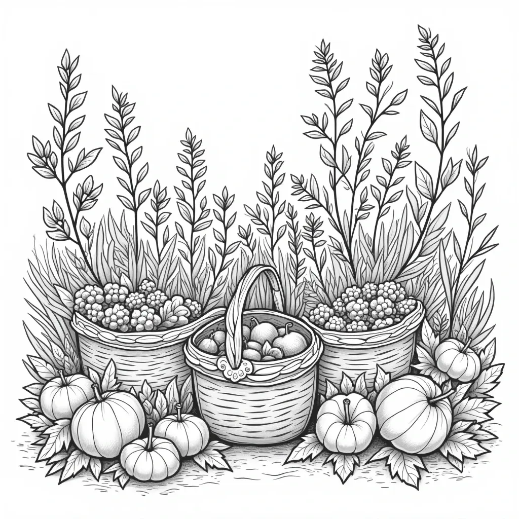 Black-and-white fall harvest illustration with pumpkins, baskets of fruit and berries, tall grasses and leaves a detailed coloring page scene ideal for kids' coloring page, printable coloring page and