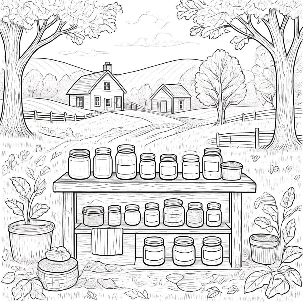 Black-and-white farmhouse coloring scene with jars on a wooden table, country house and rolling hills in the background detailed coloring page, kids' coloring page, printable coloring page, coloring
