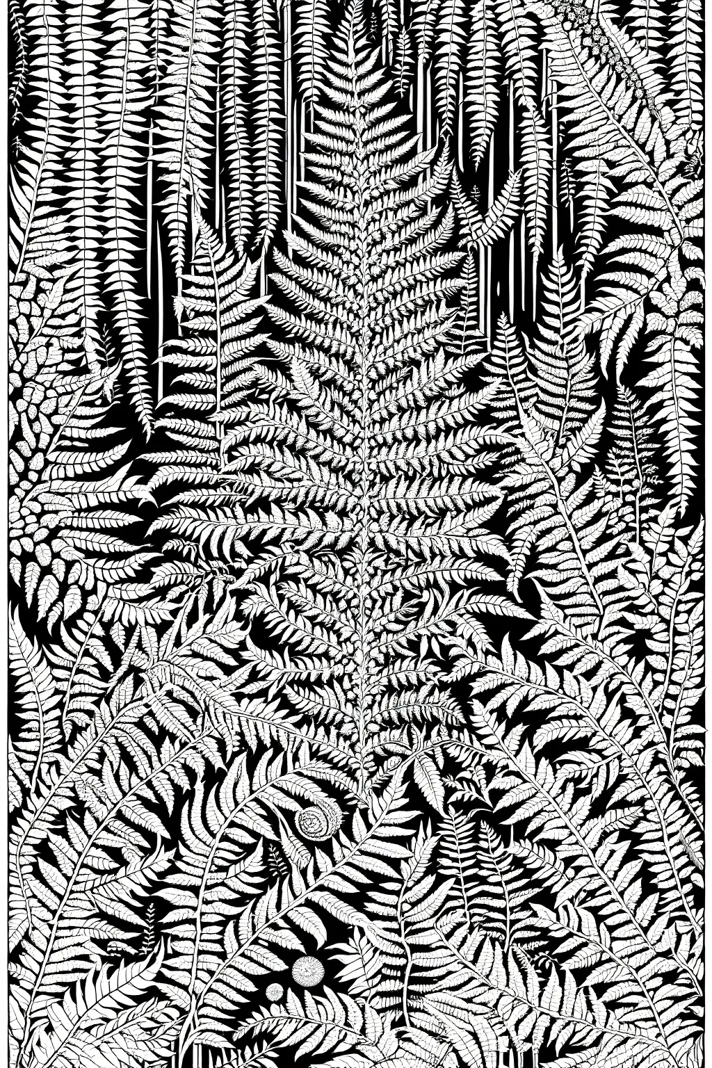 Black-and-white botanical coloring sheet of fern fronds with highly detailed coloring page, printable coloring page style page for kids' coloring page and adults, ideal coloring sheets for spring and