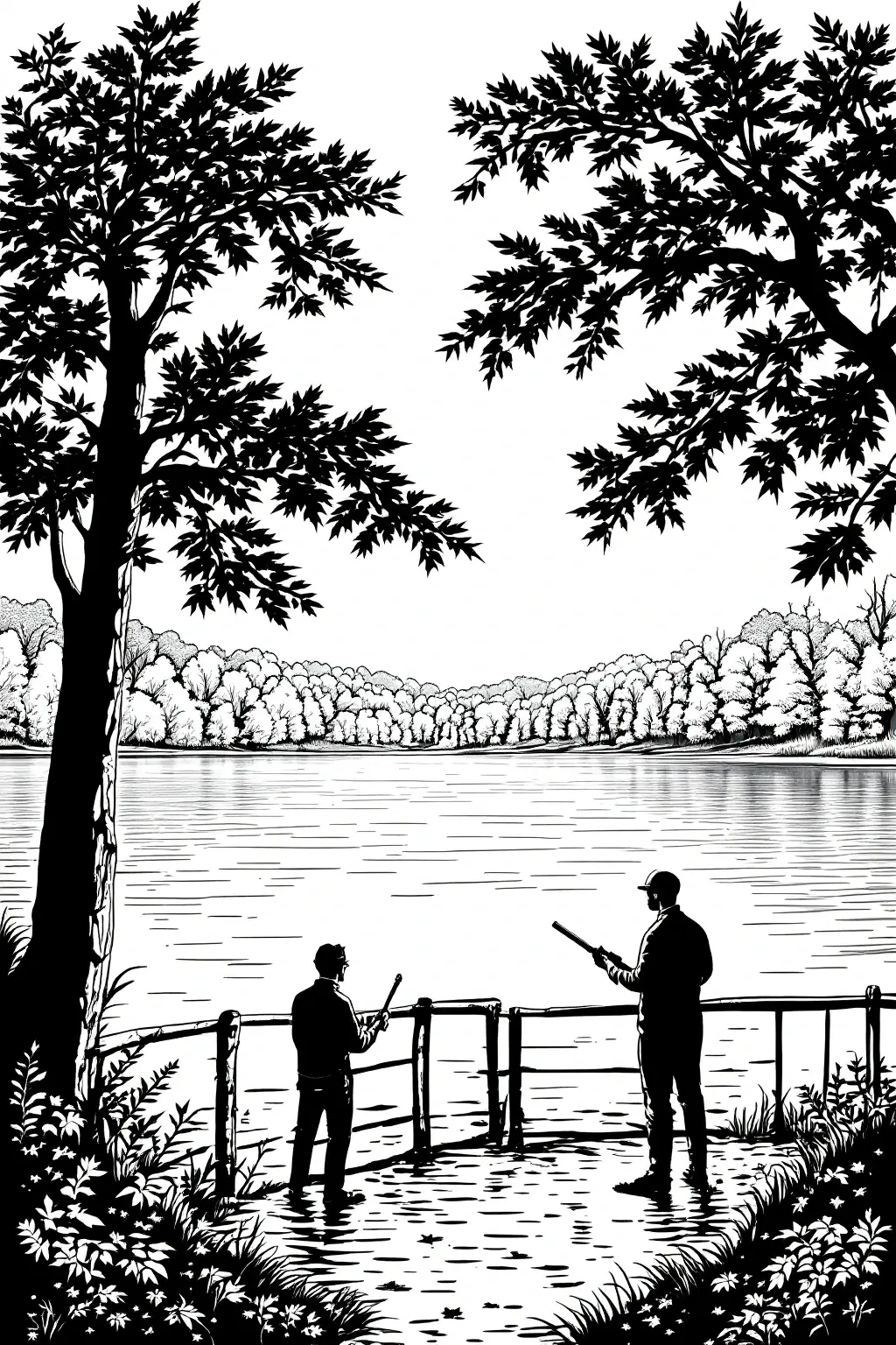 Black-and-white lakeside scene with two people fishing from a wooden railing, large tree branches framing the top, distant tree-lined shore; detailed coloring page, kids' coloring page, printable