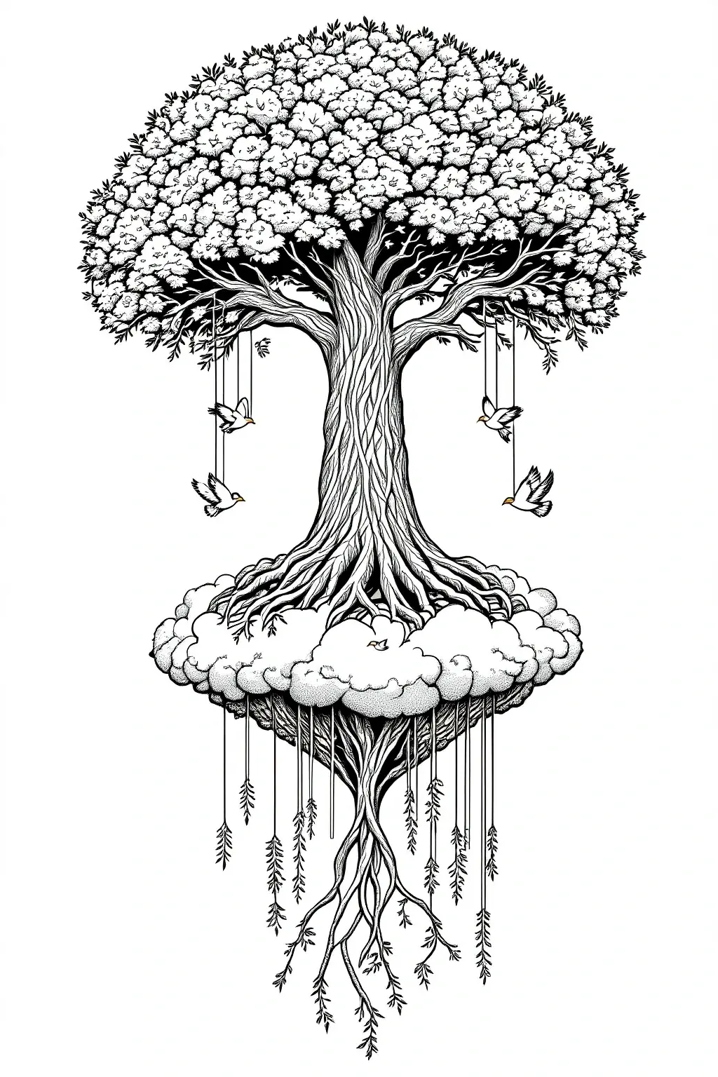 Intricate black-and-white floating tree with dense treetop, twisting trunk and roots, birds hanging on strings detailed coloring page, kids' coloring page, printable coloring page and coloring sheets.